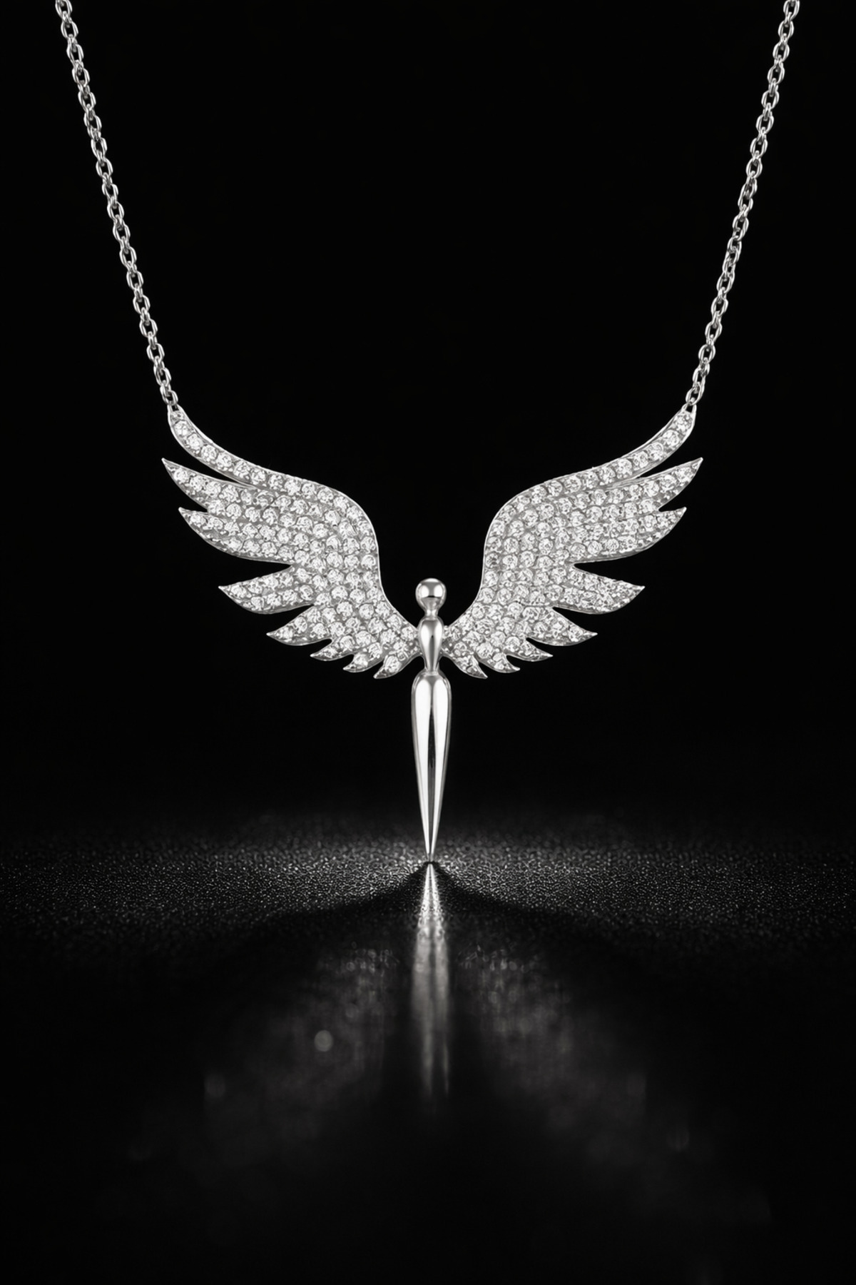 Gümüş Renk Mikail Meleği Kanatlı Zirkon Taşlı Çelik Kolye | Kararmaz & Anti Alerjik