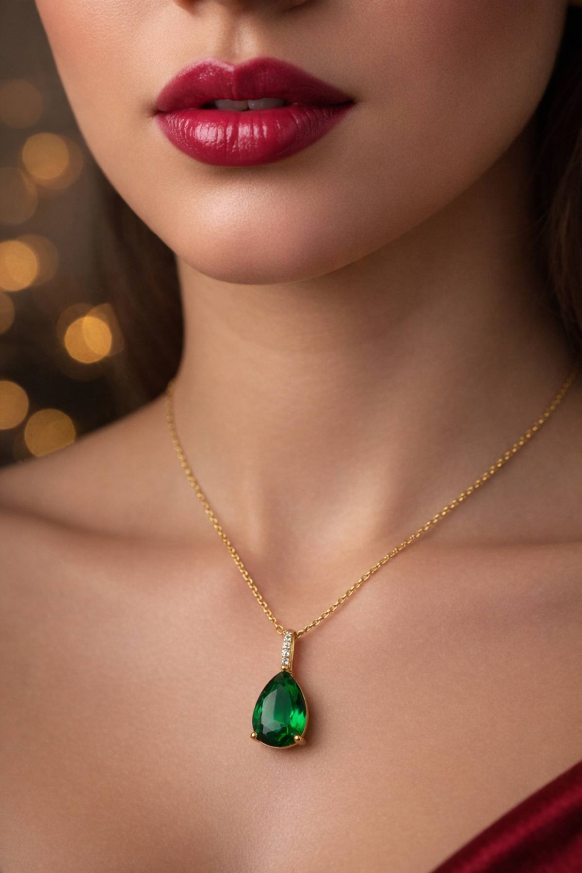 Yeşil Damla Model Çelik Kolye – Zirkon Taşlı, Kararmaz & Suya Dayanıklı - Altın Renk