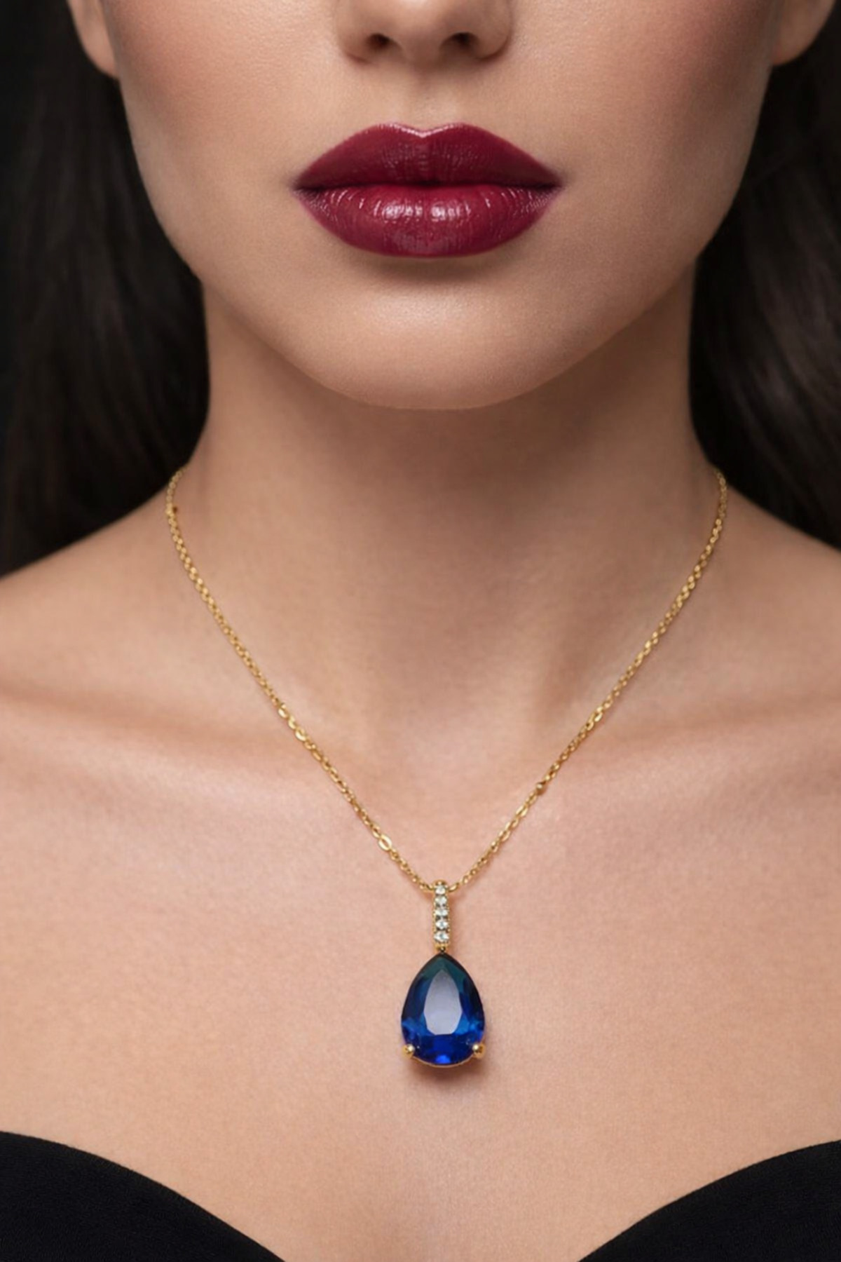 Lacivert Damla Zirkon Taşlı Paslanmaz Çelik Kolye – Altın Renk - Suya Dayanıklı, Kararmaz