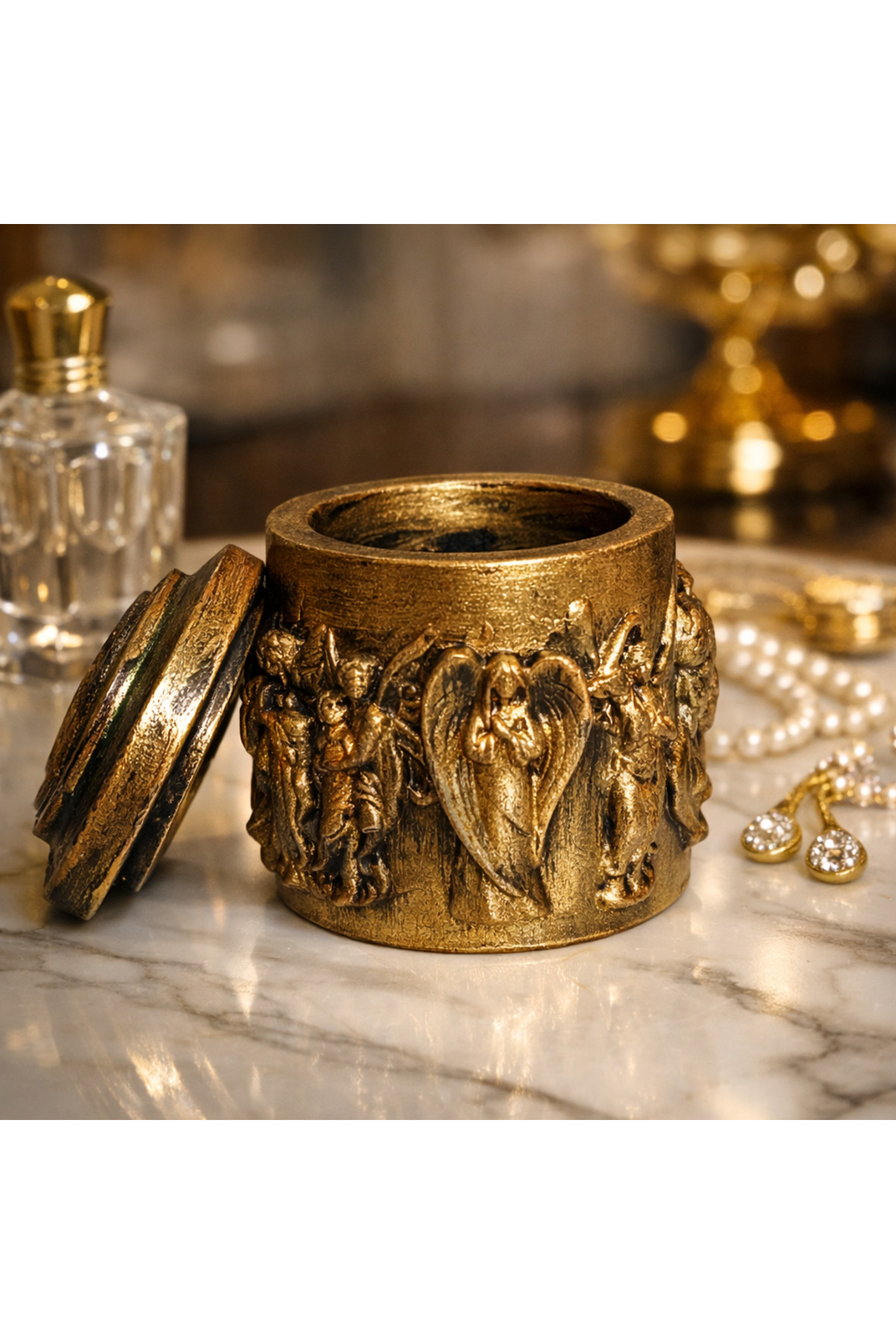 Antik Melek Figürlü Kapaklı Takı Kutusu | Eskitme Altın Dekoratif Mücevherlik & Yüzük Küpeliği