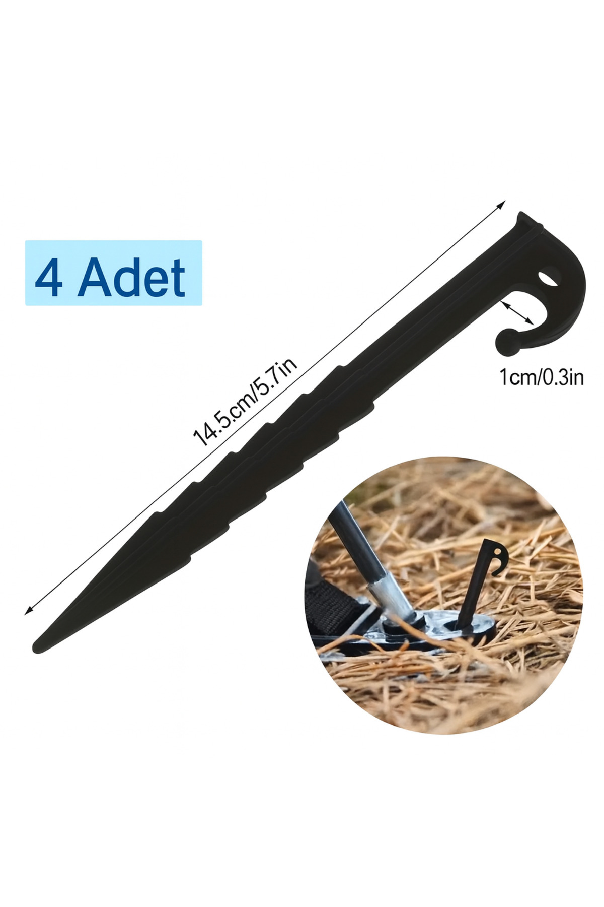 4’lü Dayanıklı Plastik Spiral Çadır Kazığı Seti 14,5 cm – Kamp ve Bahçe Kazığı Siyah