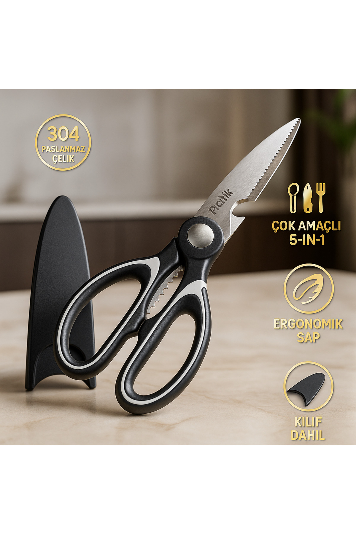 Profesyonel Çok Amaçlı Mutfak Makası 5’i 1 Arada – Kılıflı, Paslanmaz Çelik, Ergonomik Sap