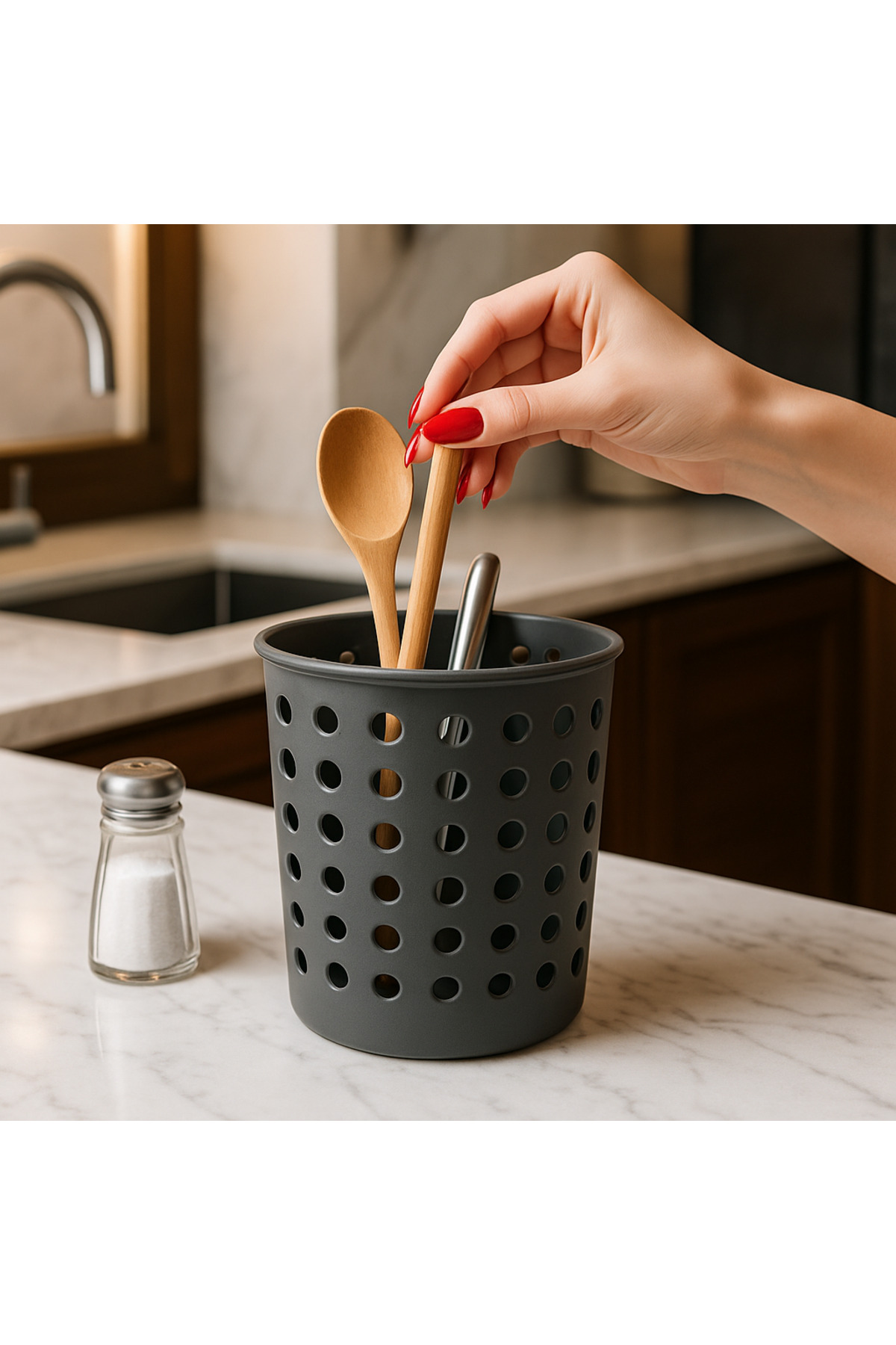 Gri Kaşıklık – 13 cm Delikli Silindirik Tezgâh Üstü Kaşık/Spatula Düzenleyici