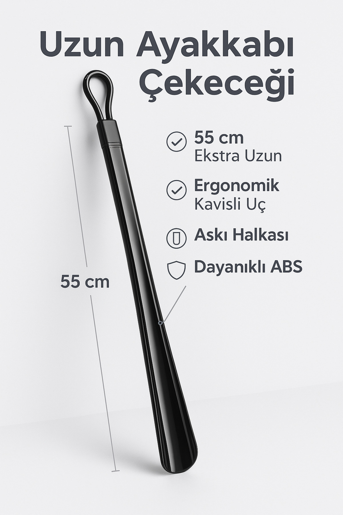 Siyah 55 cm Uzun Ayakkabı Çekeceği – Ergonomik Kavisli Uç, Dayanıklı ABS, Askı Halkalı