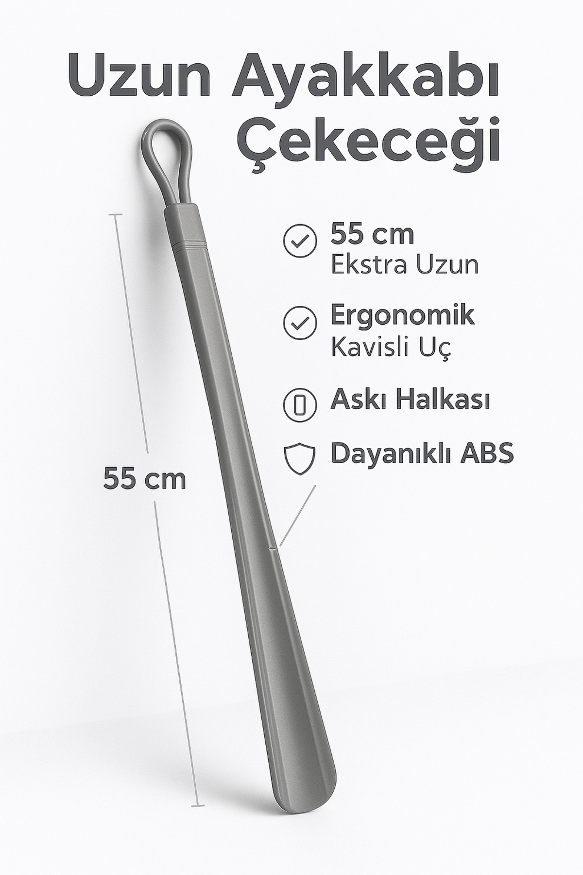 Gri 55 cm Uzun Ayakkabı Çekeceği – Ergonomik Kavisli Uç, Dayanıklı ABS, Askı Halkalı