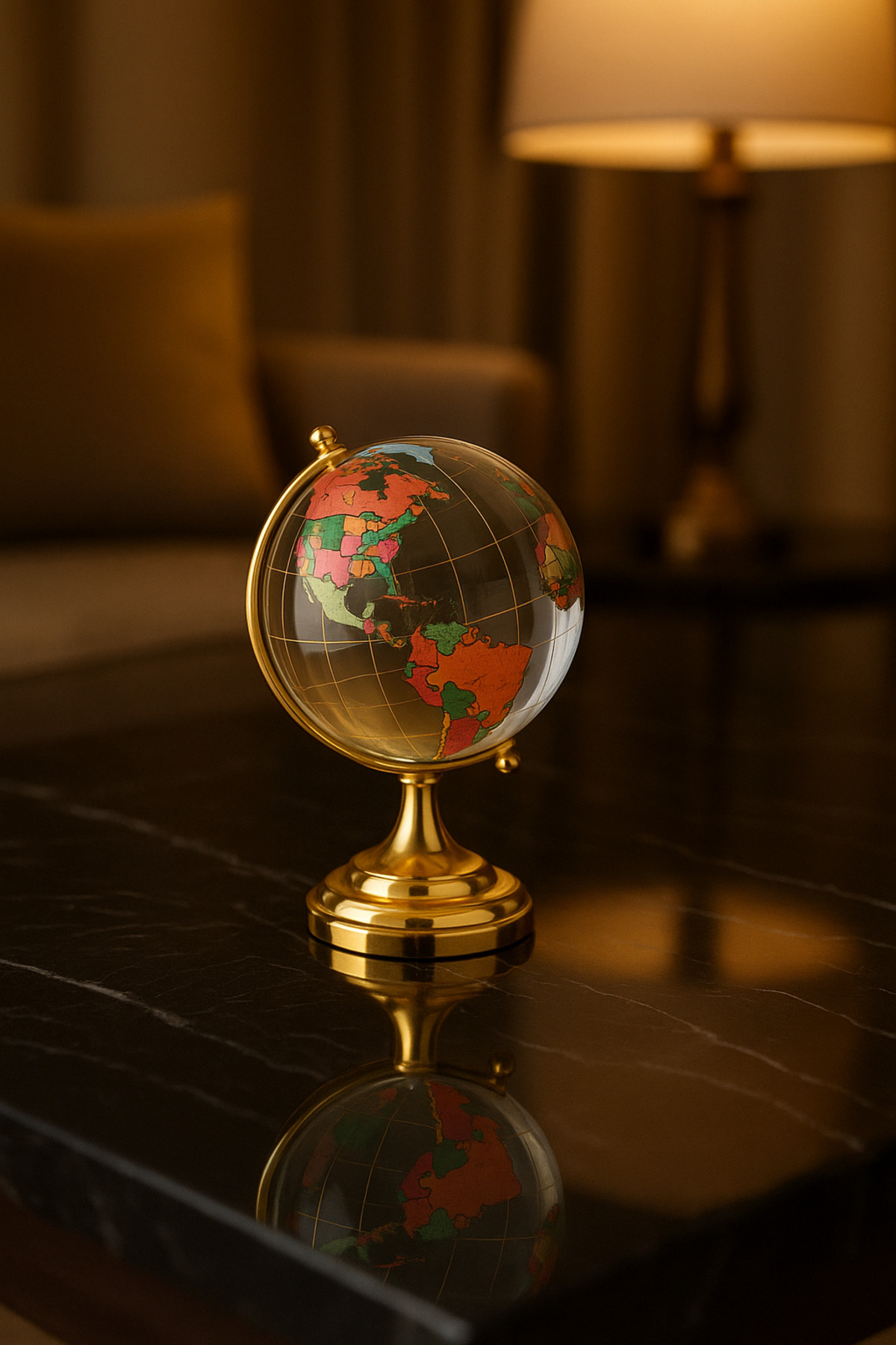 Kristal Küre Dünya Biblosu -- Altın Renkli Lüks Masa Üstü Dekoratif Obje