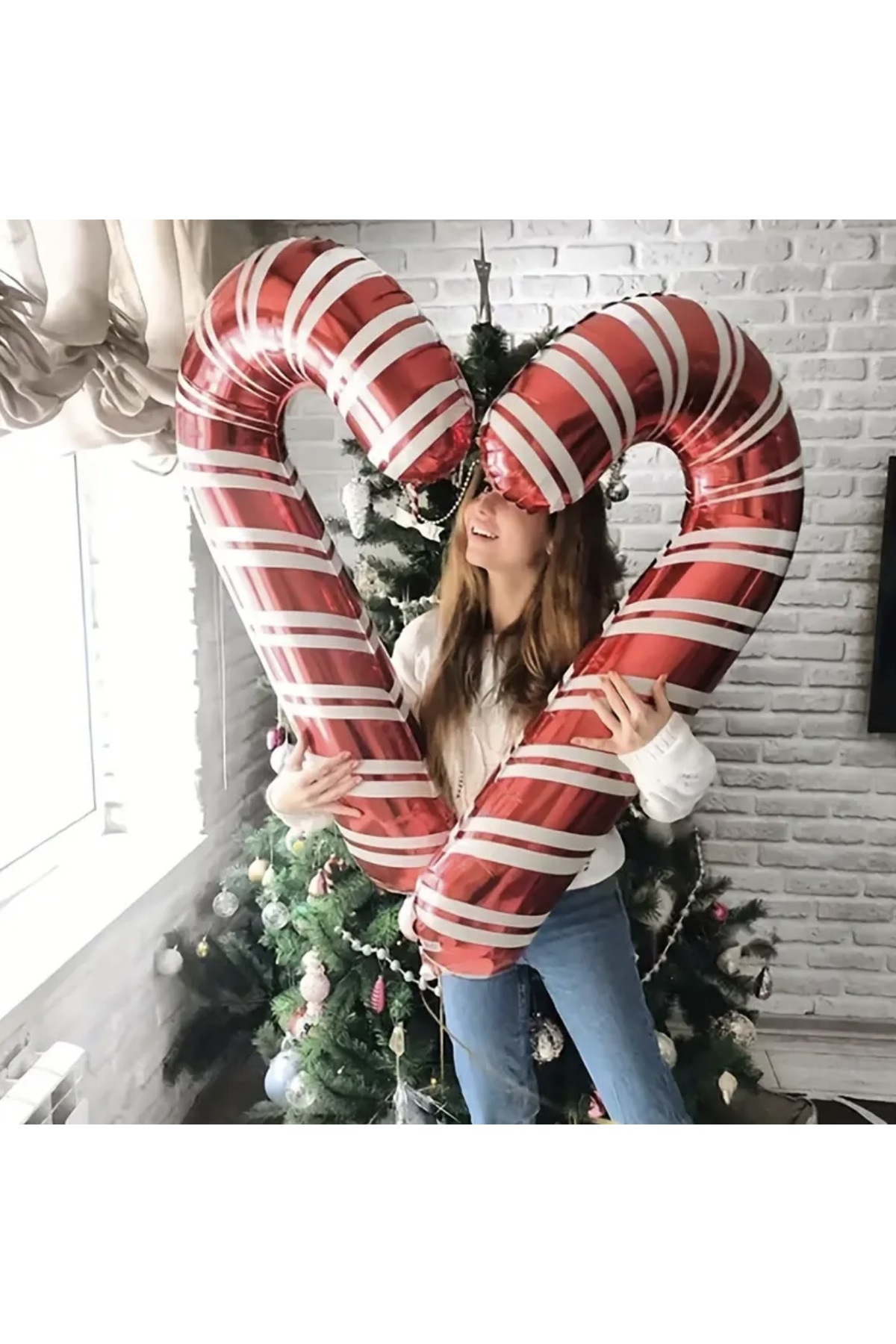 2 ADET Kırmızı Beyaz Çizgili 85x40 cm Noel Şeker Kamışı Folyo Balon Seti – Yılbaşı Parti Dekoru