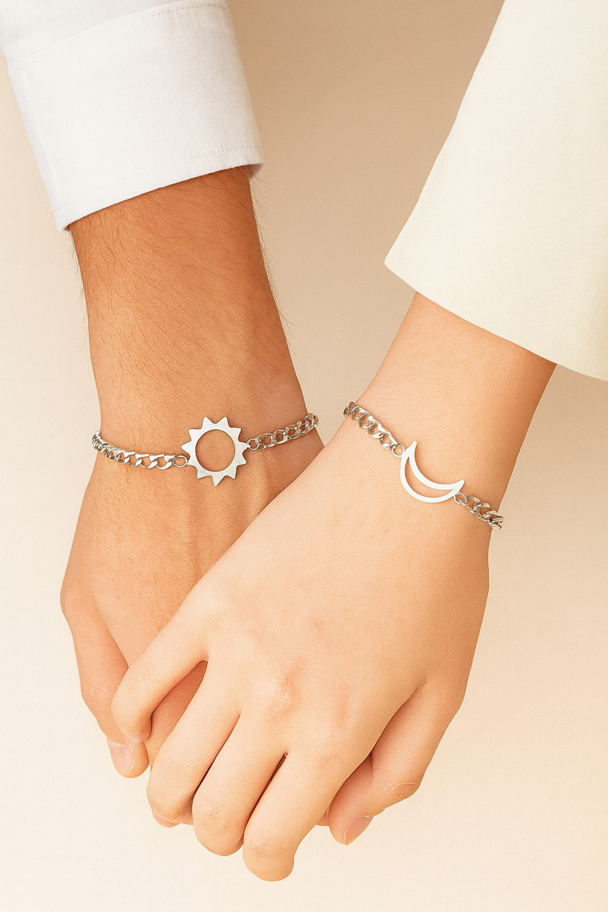 Paslanmaz Çelik Sevgili Bileklik Seti - Güneş ve Hilal Tasarımlı Çift Bilekliği