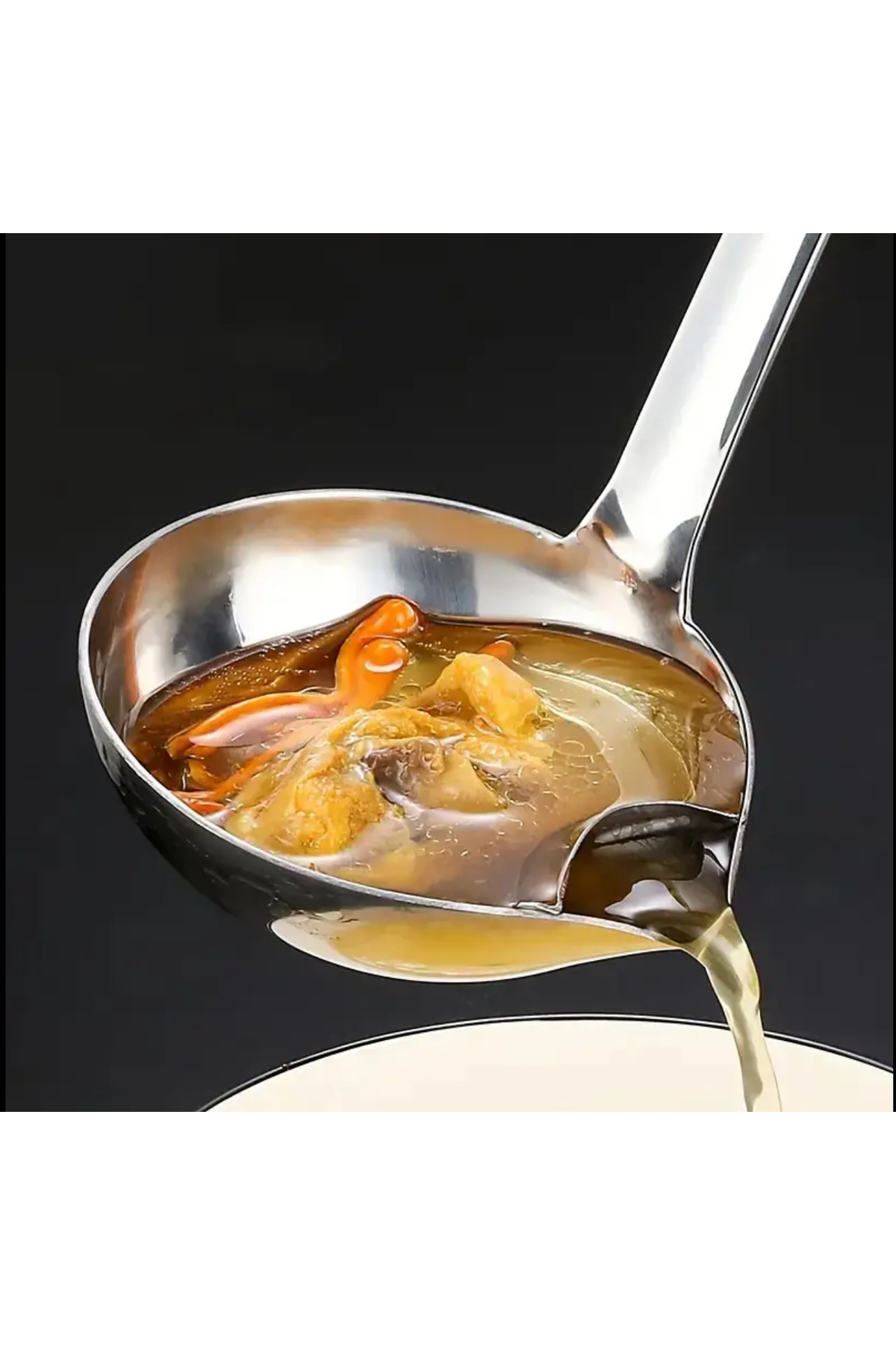 Paslanmaz Çelik Yağ Ayırıcı Kepçe | Uzun Saplı, Parlak Yüzeyli, Çorba ve Et Suyu İçin