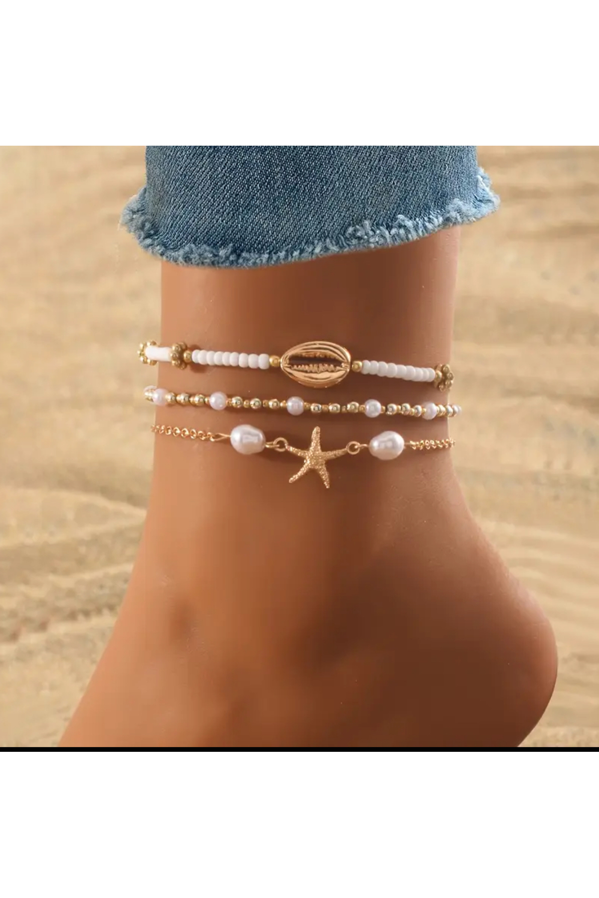 3’lü Bohem Deniz Temalı Ayak Halhal Seti – Kabuk, Yıldız ve İnci Detaylı