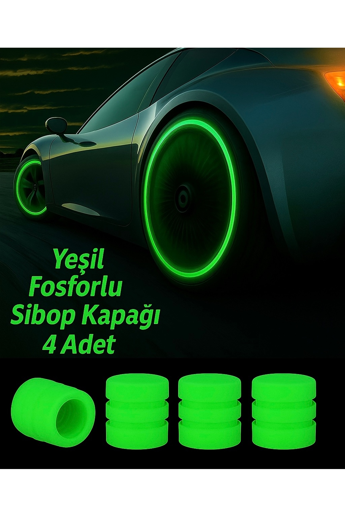 Karanlıkta Parlayan 4’lü Renkli Lastik Sibop Kapağı Seti – Araba, Bisiklet ve Motosiklet Uyumlu
