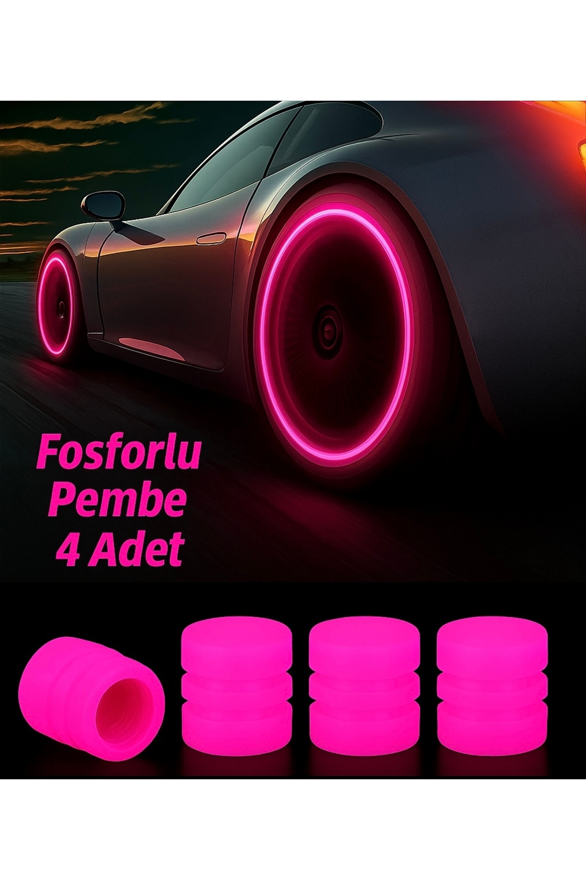 Karanlıkta Parlayan 4’lü Renkli Lastik Sibop Kapağı Seti – Araba, Bisiklet ve Motosiklet Uyumlu