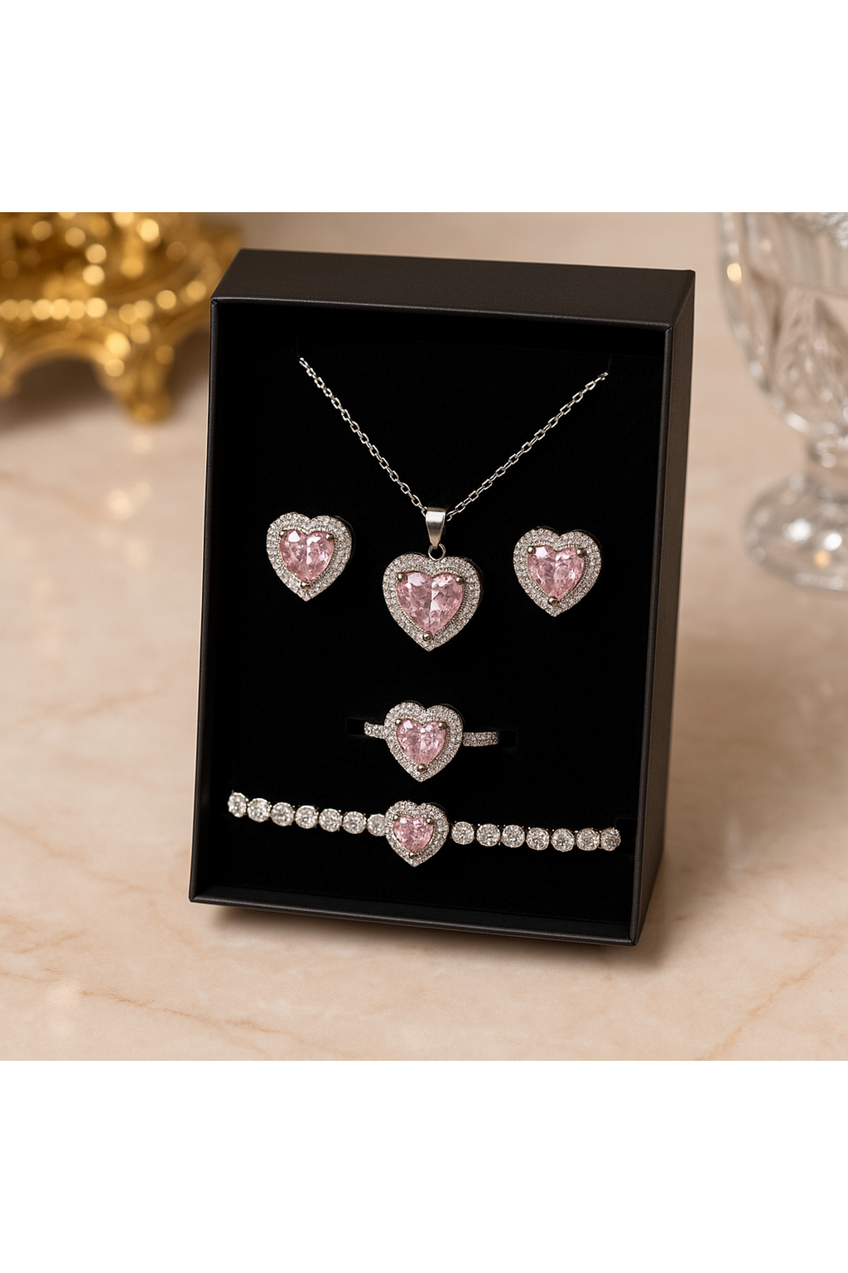 Zarif Pembe Kalp Tasarımlı Takı Seti - Paslanmaz Çelik - Kolye, Küpe, Yüzük ve Bileklik Dörtlü Set