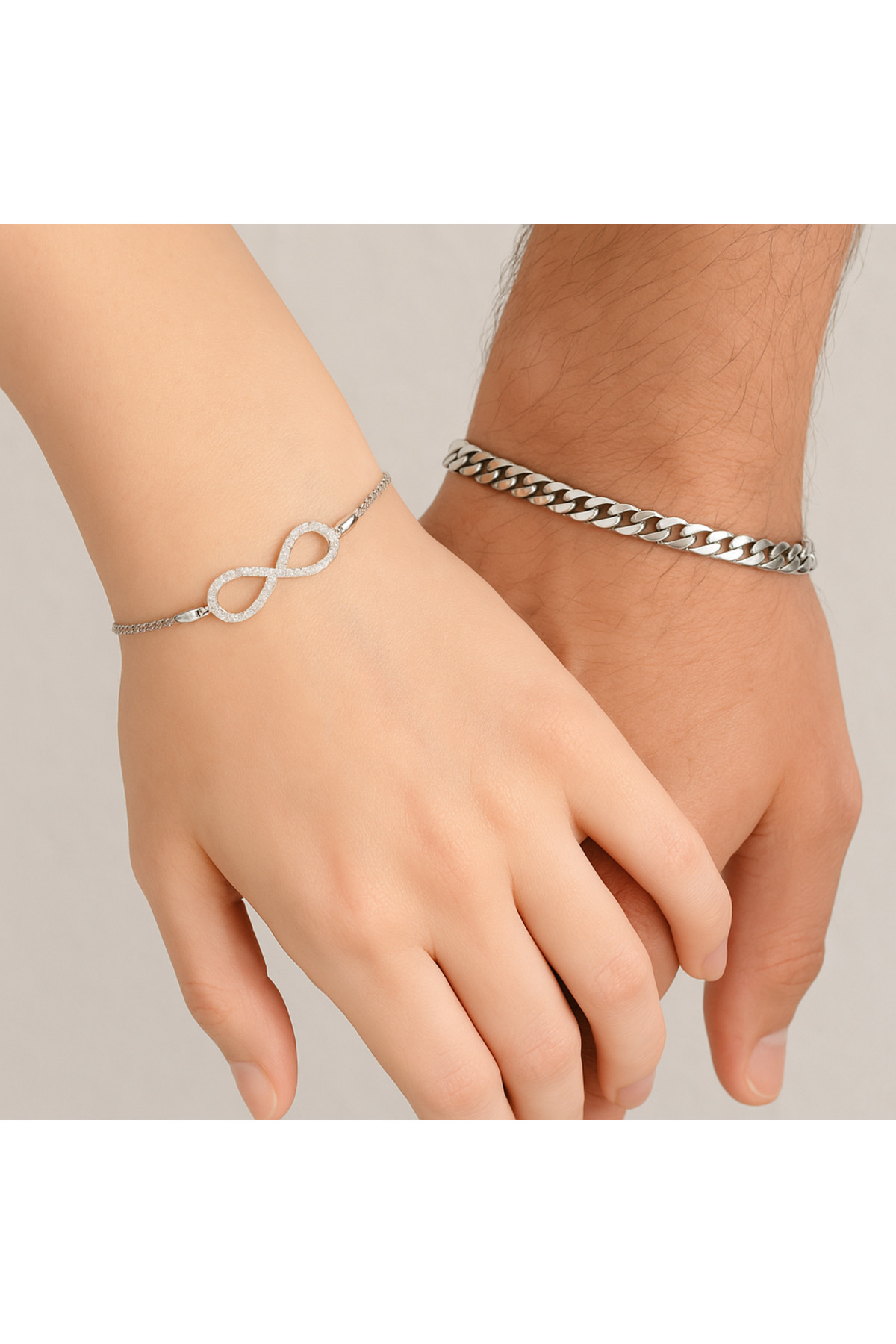 Paslanmaz Çelik Sevgili Bileklik Seti – Sonsuzluk Kadın Bilekliği & Erkek Çelik Zincir Bileklik