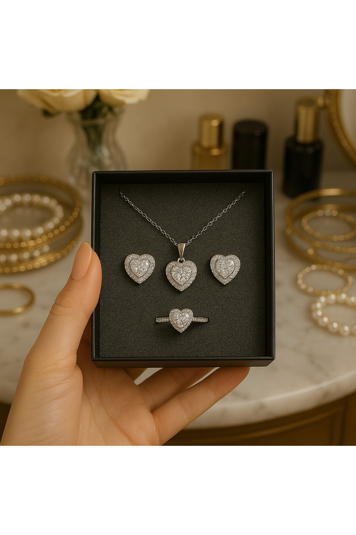 Paslanmaz Çelik Kalpli Zirkon Taşlı Üçlü Takı Seti (Kolye, Küpe, Yüzük)