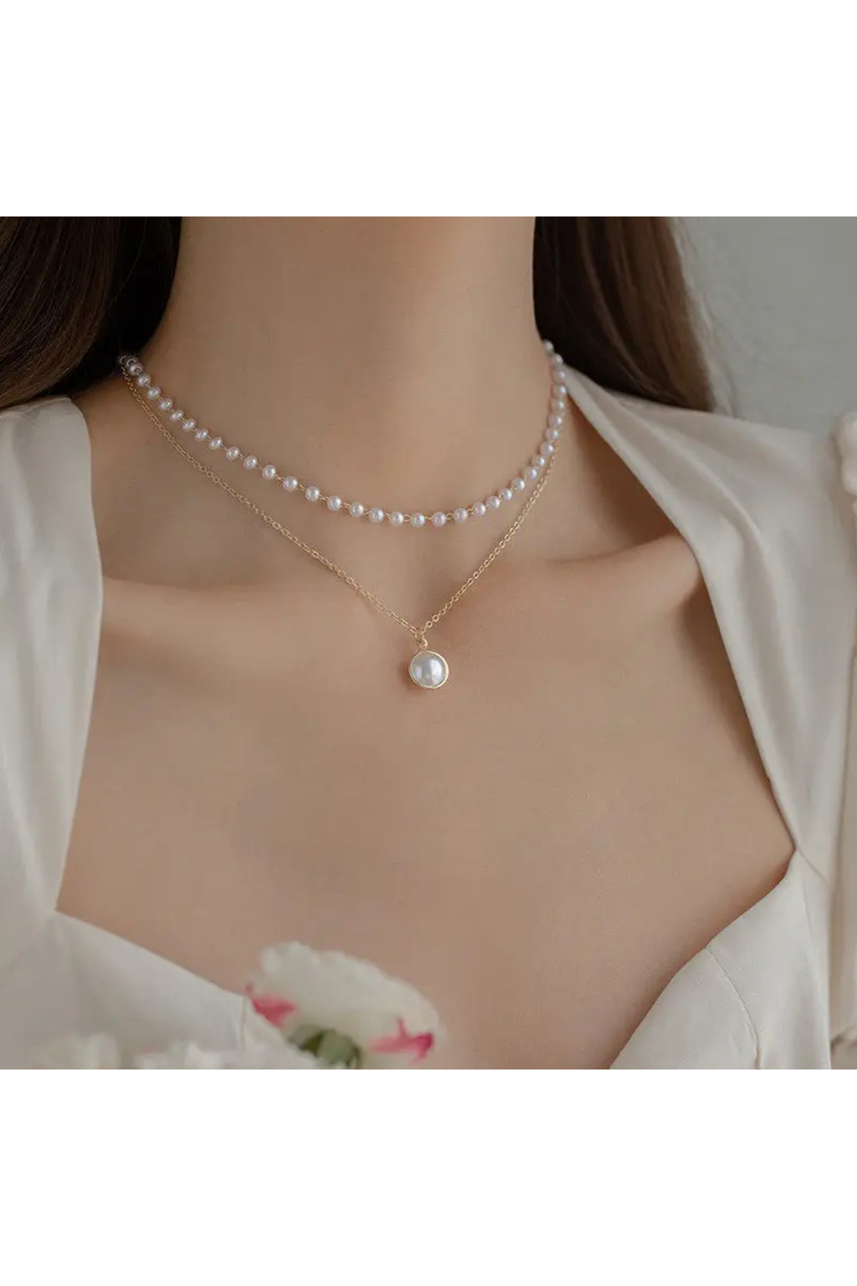 Paslanmaz Çelik Çift Katmanlı Zarif İnci Kolye – Altın Sarısı Vintage Stil Şıklık