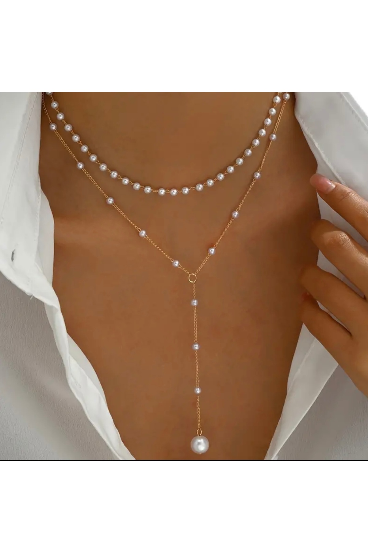 Zarif Çift Katmanlı İnci Kolye - Püskül Detaylı Modern Tasarım
