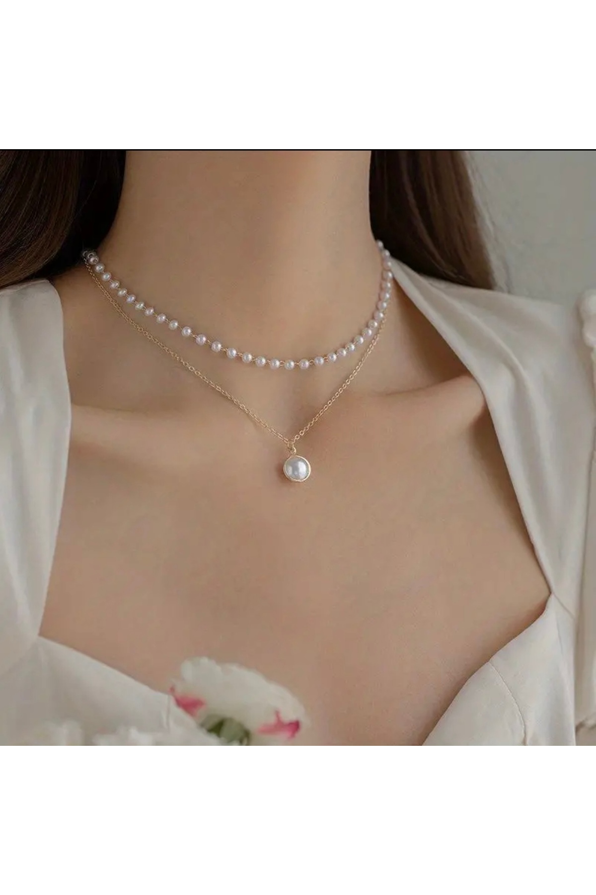 Çift Katmanlı Zarif İnci Kolye – Altın Sarısı Vintage Stil Şıklık