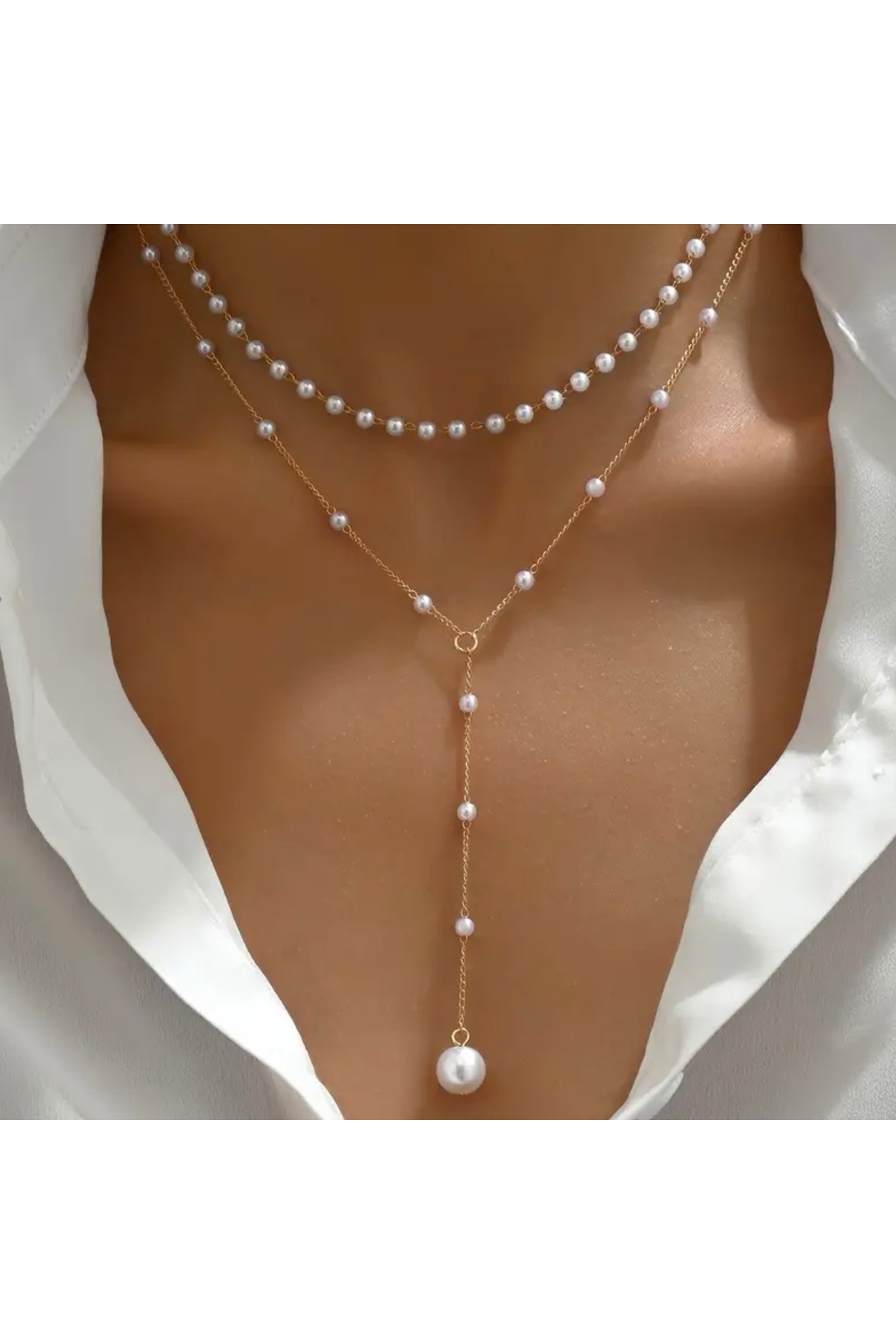 Çift Katmanlı İnci Tasarımlı Altın Renk Şık Kolye – Günlük ve Özel Günler İçin Zarif Aksesuar