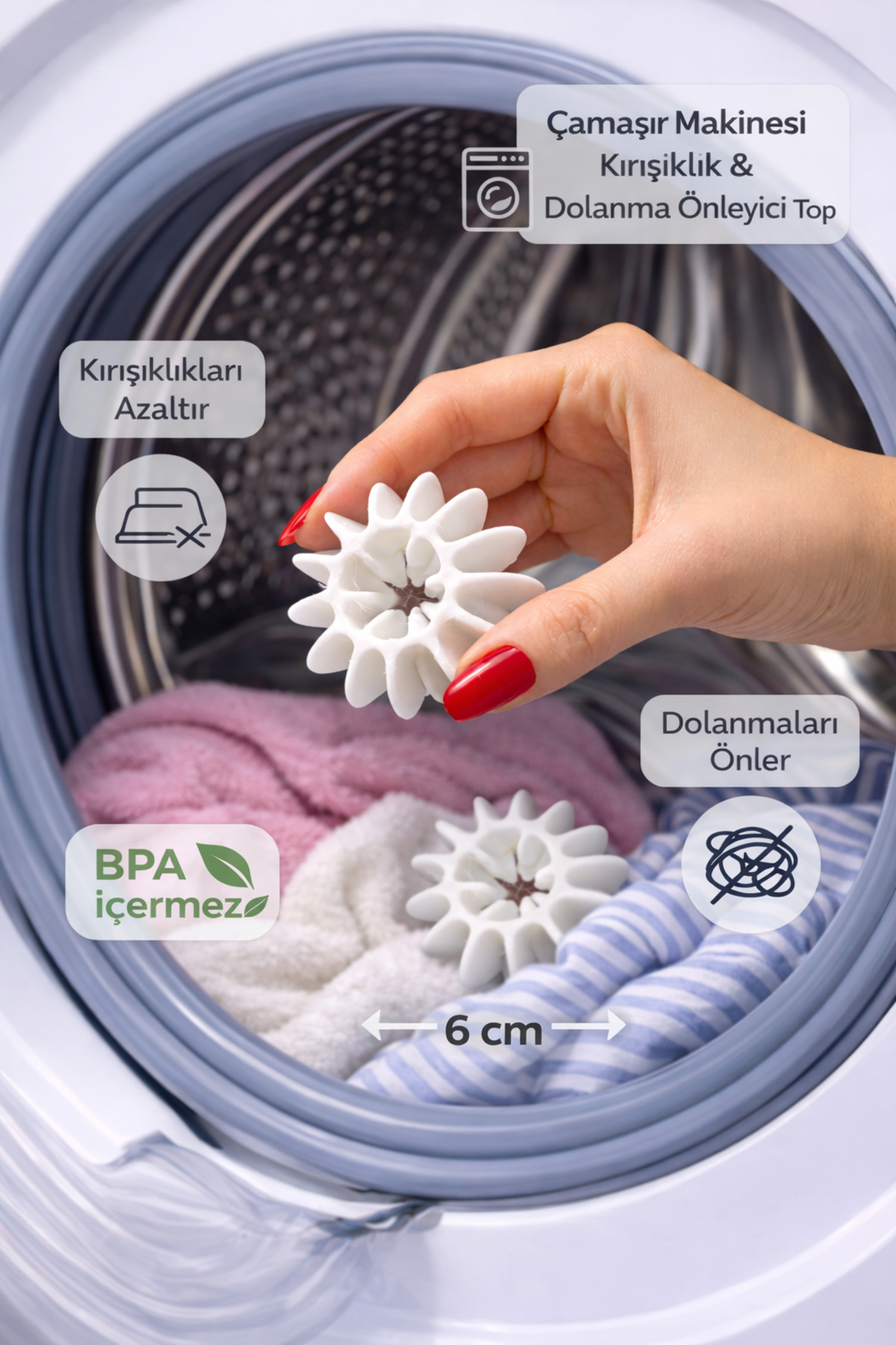 2 Adet Çamaşır Makinesi Kırışıklık Önleyici Top 6 cm – Dolanma Engelleyici Esnek Yapı