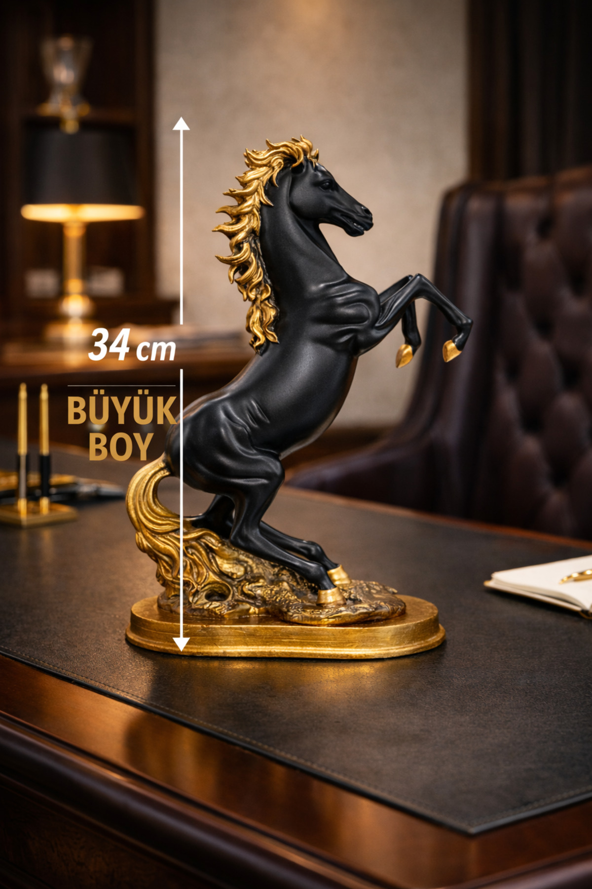 Şaha Kalkmış At Biblosu 34 cm Büyük Boy Siyah Gold Dekoratif Heykel
