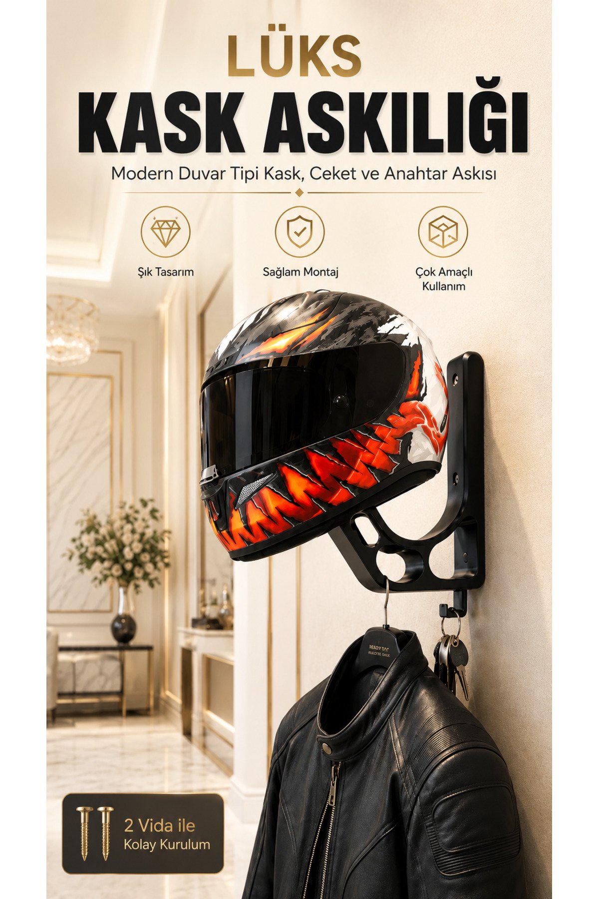 Motosiklet Kask Askılığı Duvar Tipi Kask Tutucu – Ceket, Mont ve Anahtar Askılı Çok Amaçlı Kask Standı
