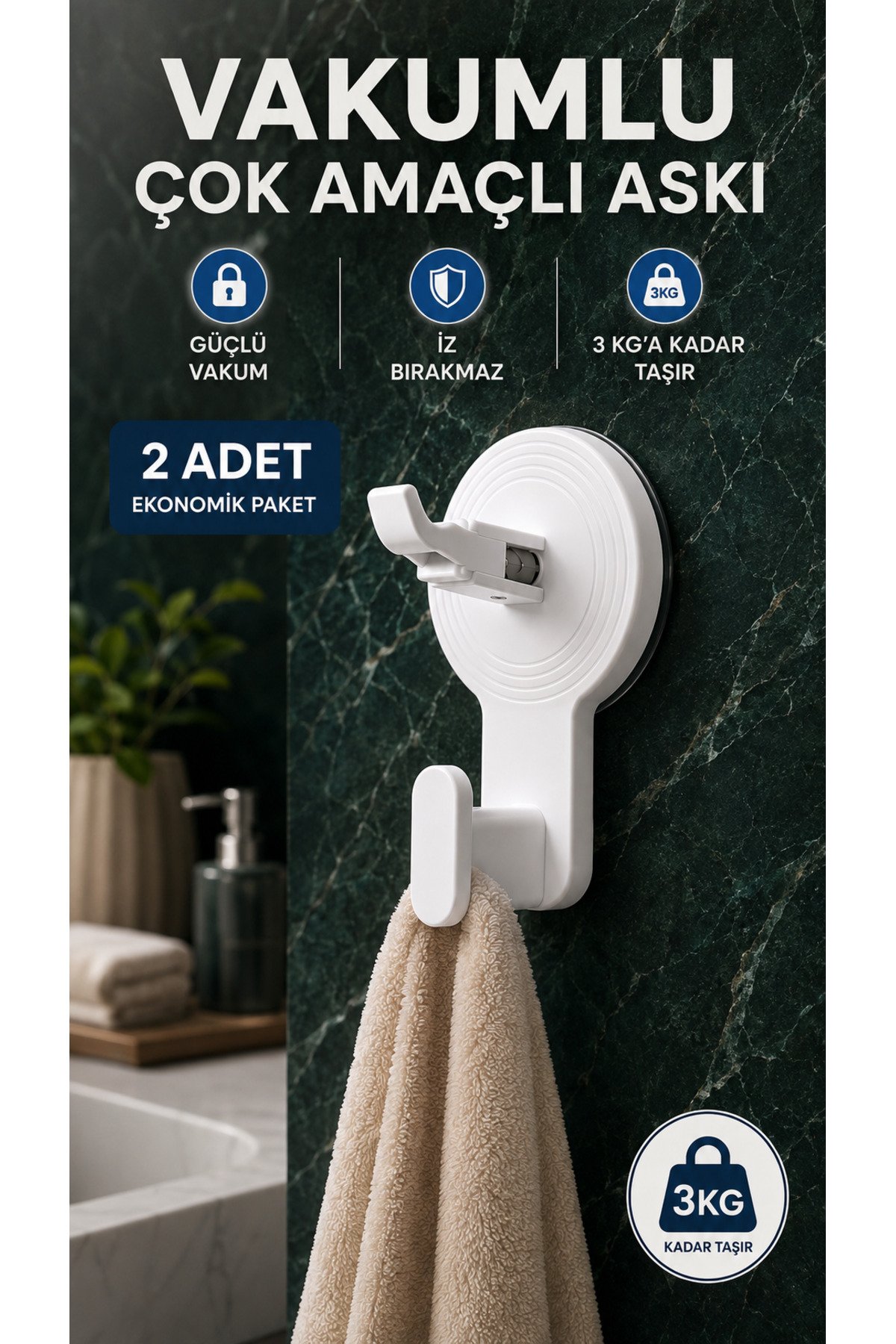 Vakumlu Çok Amaçlı Askı 2 Adet - Delmeden Yapışan Güçlü Vakumlu Banyo Mutfak Askılığı - 3 Kg Taşıma Kapasiteli Pürüzsüz Yüzey Askısı