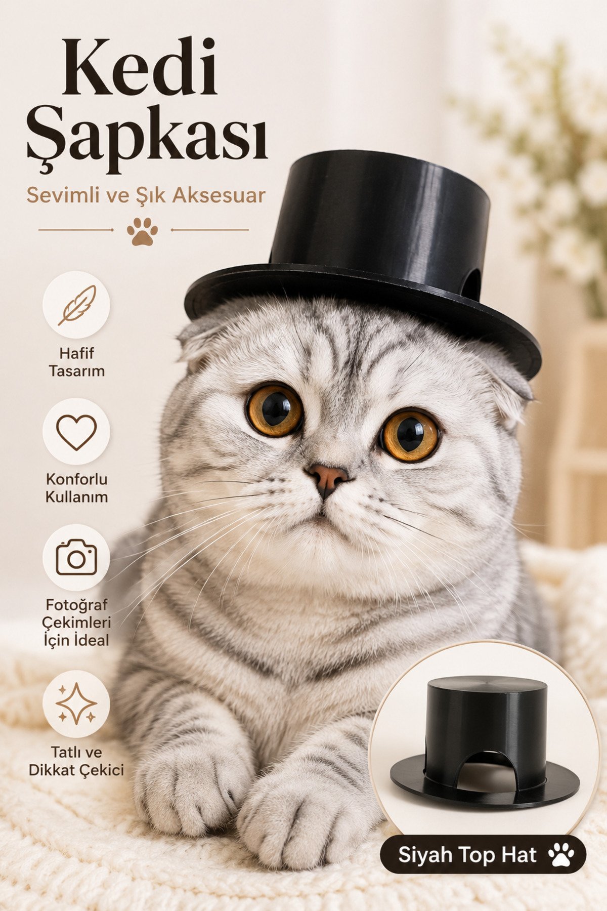 Kedi Şapkası Siyah Top Hat Kedi Aksesuarı Kulak Delikli Sevimli Fotoğraf Çekimi Şapkası Evcil Hayvan