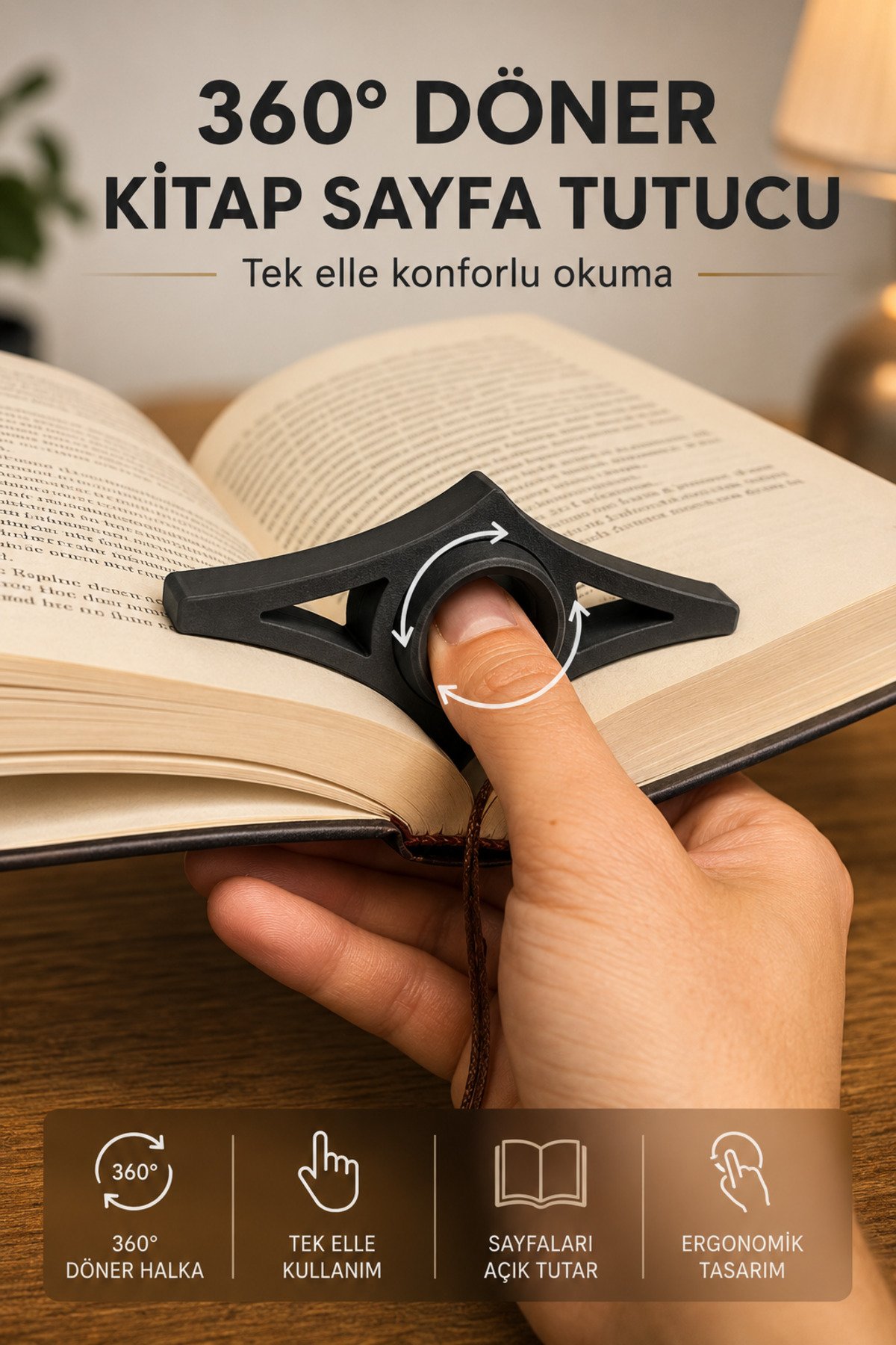 360° Döner Kitap Sayfa Tutucu Siyah | Tek Elle Kitap Okuma Aparatı