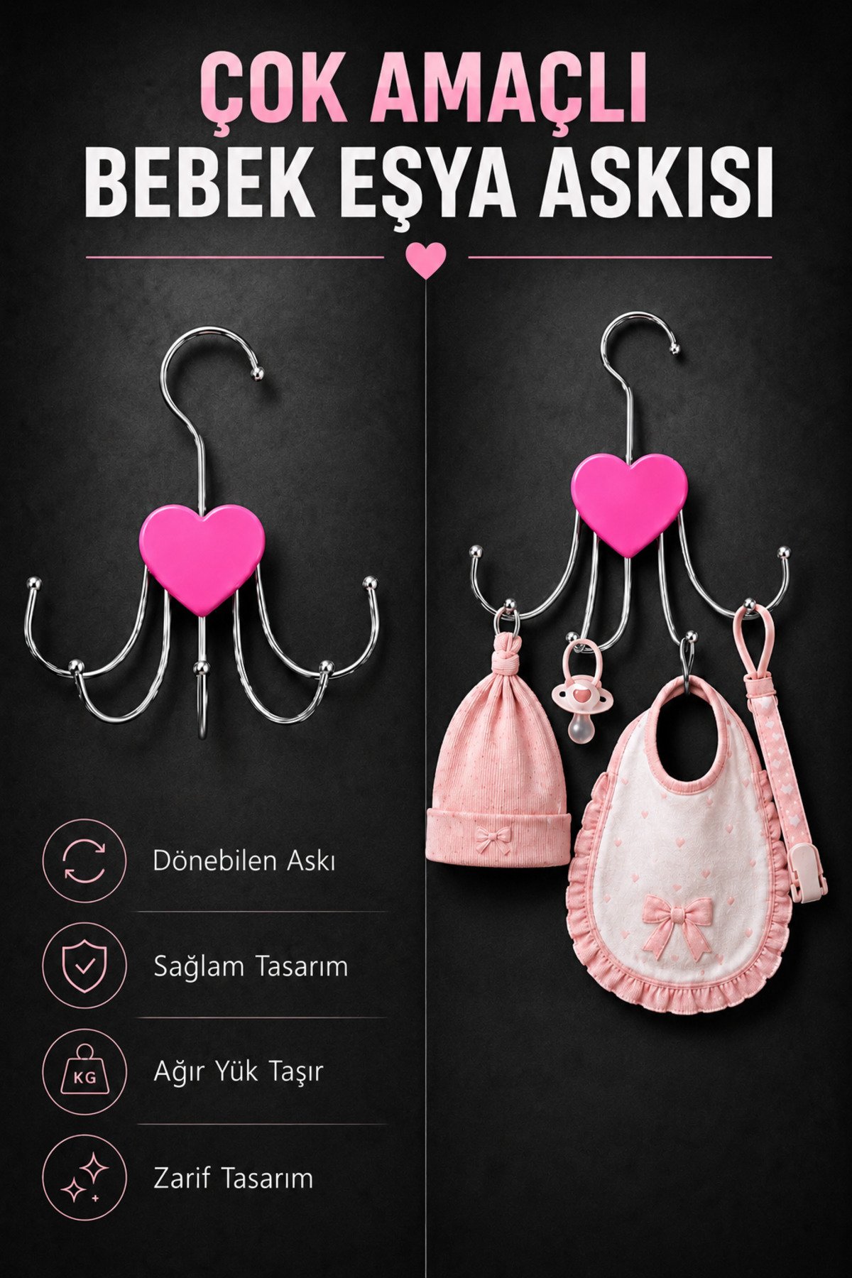 Pembe Kalp Figürlü Bebek Çocuk Askısı 5 Kancalı Çok Amaçlı Döner Metal Askı