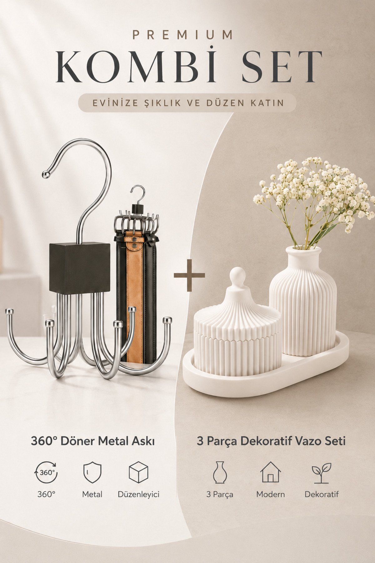 3 Parça Dekoratif Vazo + 360 Derece Döner Metal Askı Kemer Çanta Kravat Organizer Kombin Set