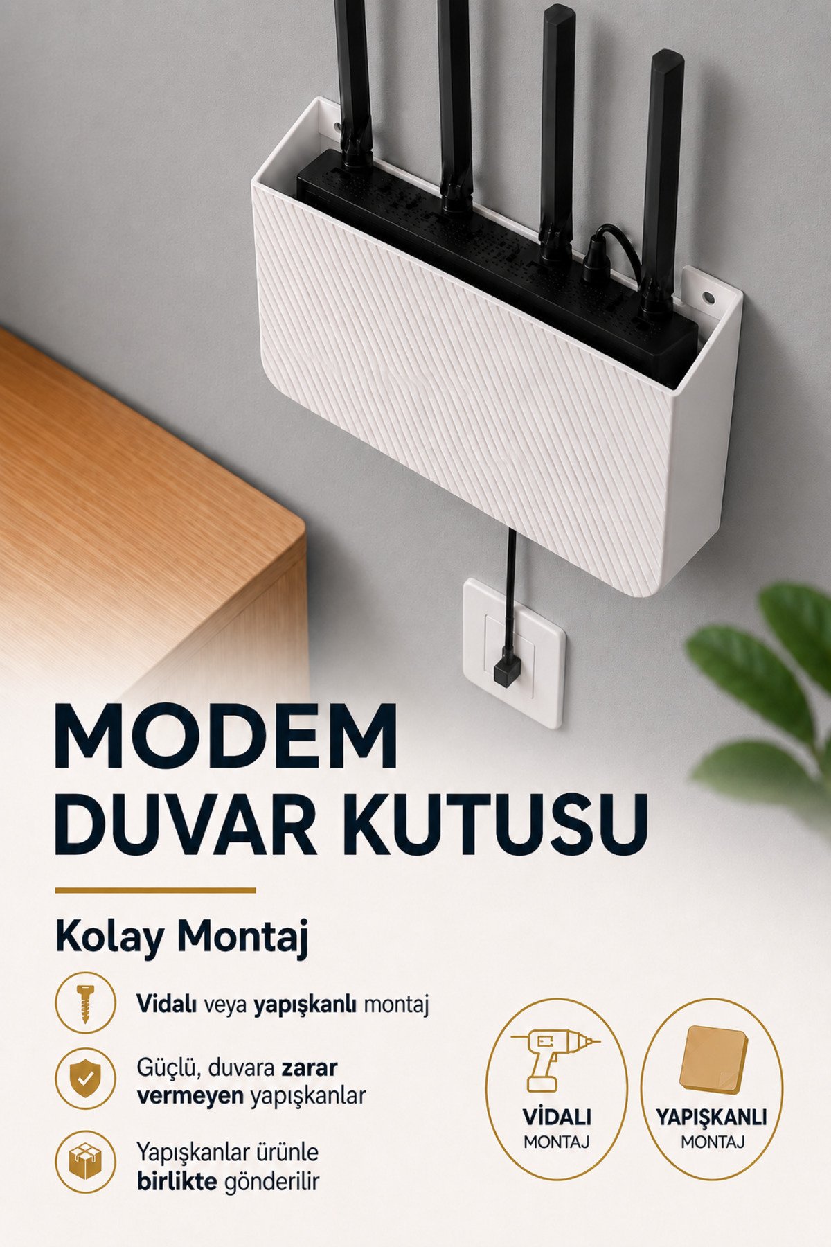 Modem Duvar Kutusu - Modem Tutucu Beyaz Kablo Düzenleyici Duvara Monte Yapışkanlı Vidalı Modem Askısı